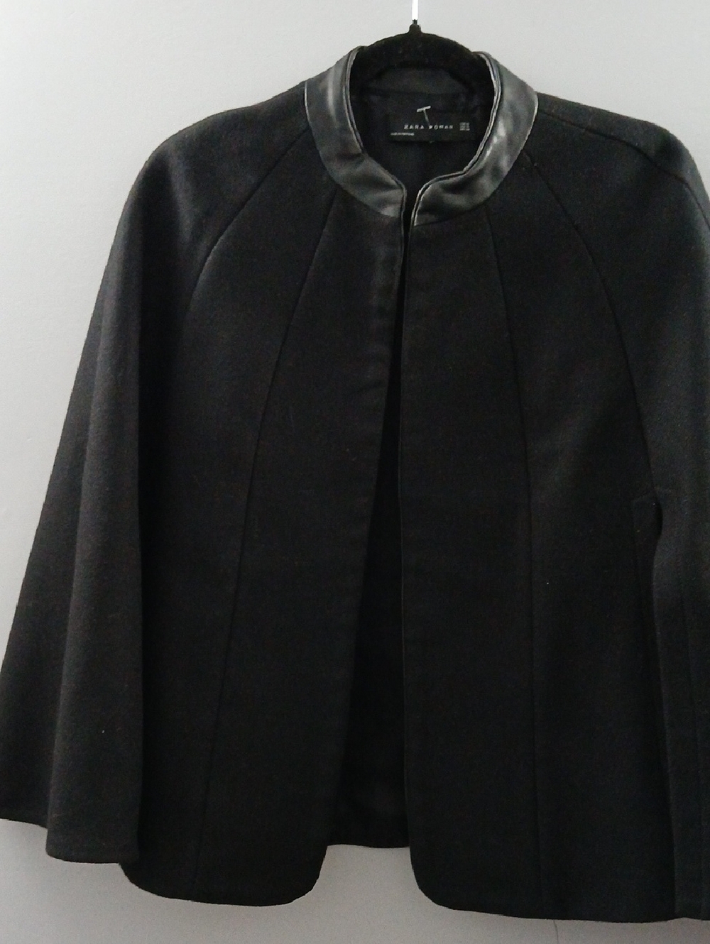 Zara Black Wool-Blend Cape with Leather Collar